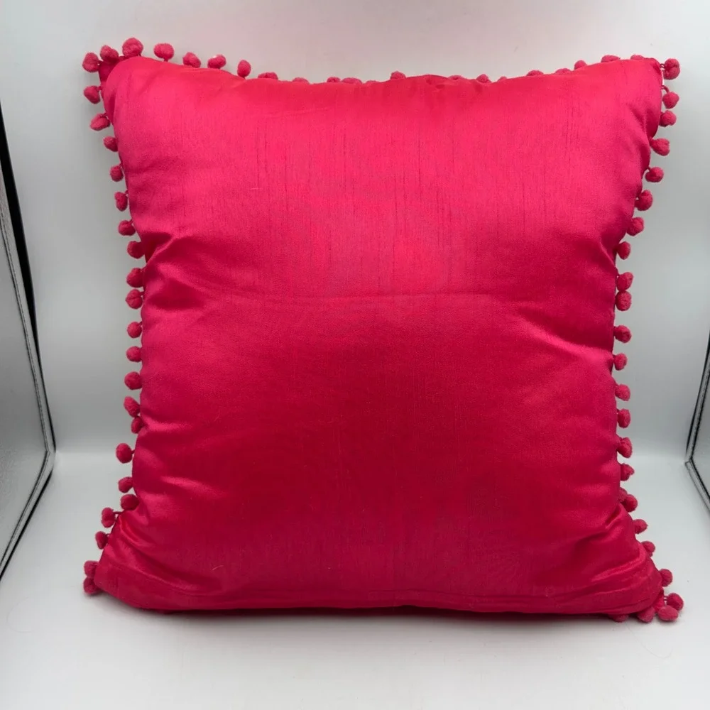 Set of 2 Embroidered Peacock Floral Throw Pillows Pink Pom Pom Trim 16x16 Boho